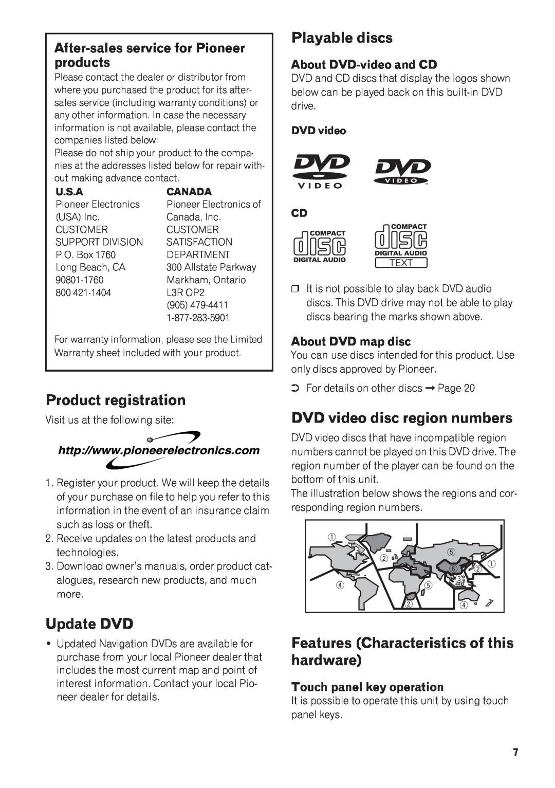 Pioneer AVIC-N1 manual Product registration, Playable discs, DVD video disc region numbers, Update DVD 