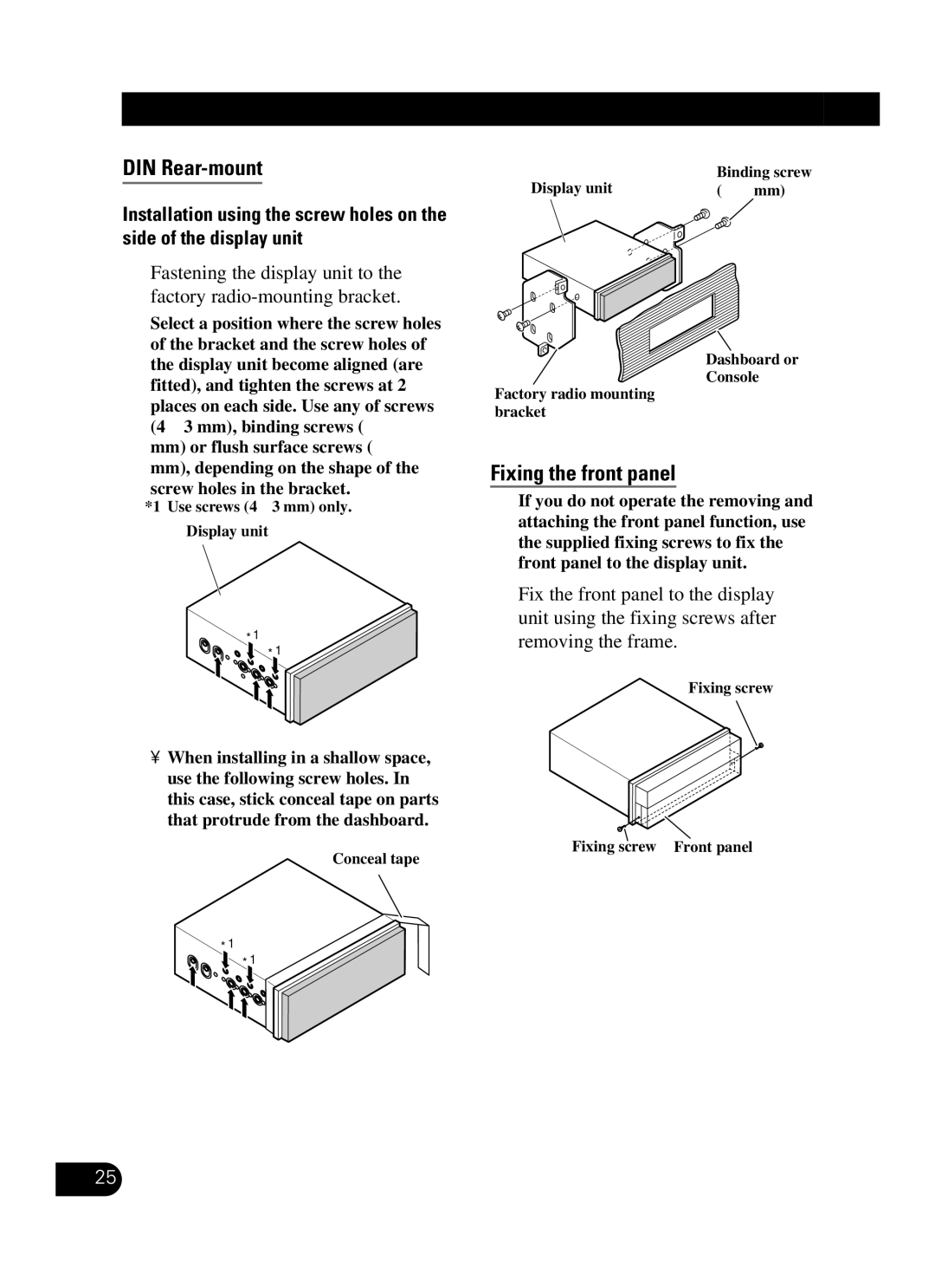 Pioneer AVIC-N3 installation manual DIN Rear-mount, Fixing the front panel 