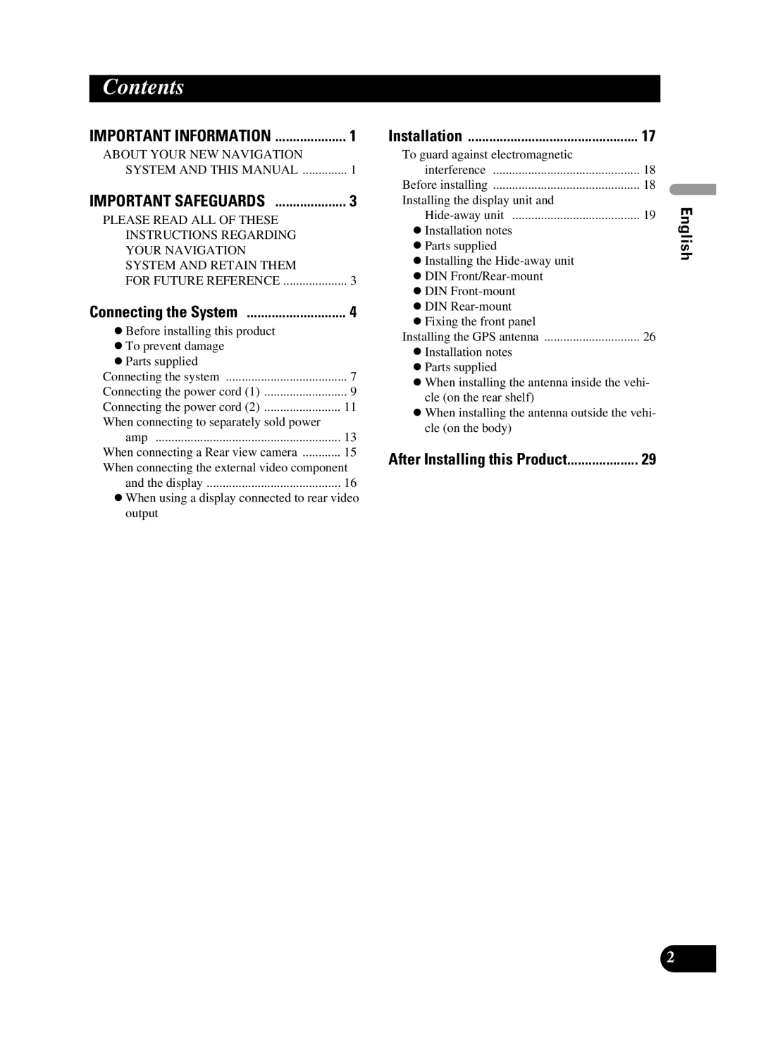 Pioneer AVIC-N3 installation manual Contents 