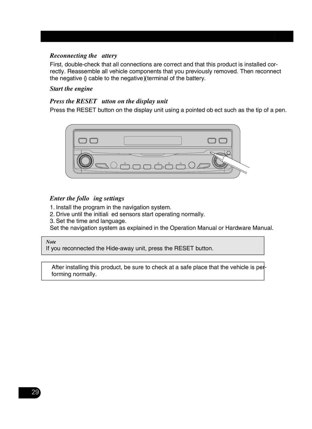 Pioneer AVIC-N3 installation manual After Installing this Product, Reconnecting the battery, Enter the following settings 