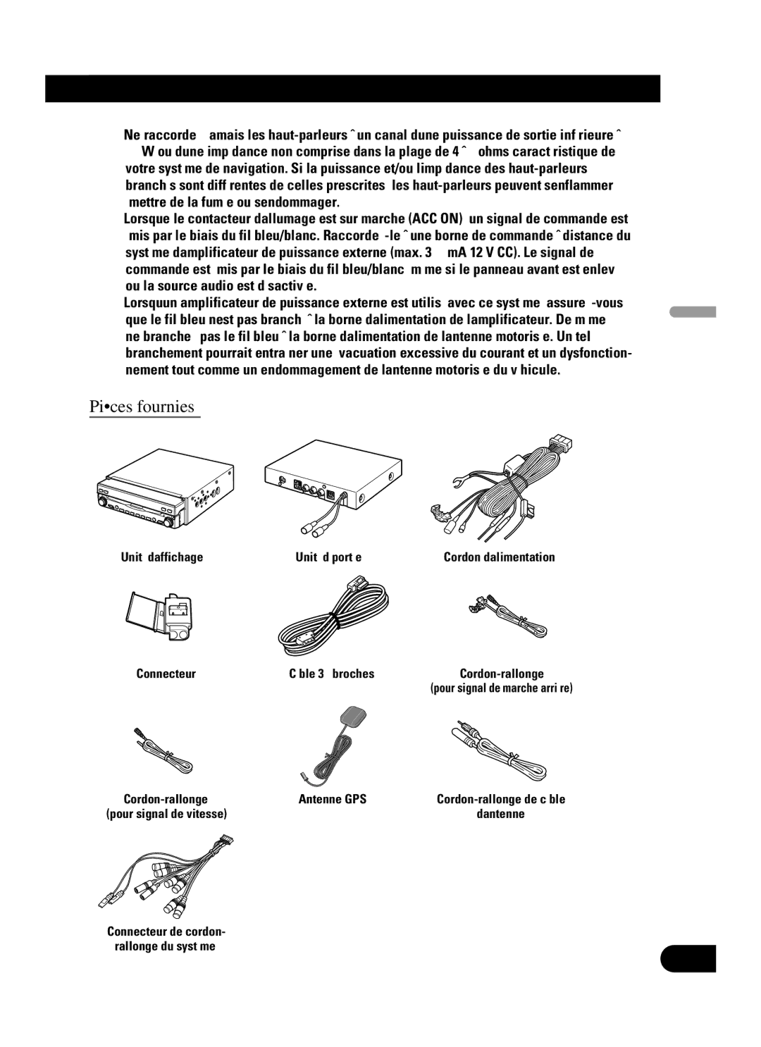 Pioneer AVIC-N3 installation manual Pièces fournies 