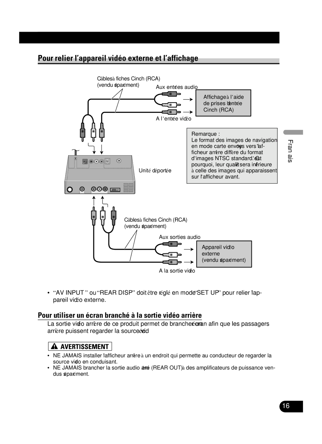 Pioneer AVIC-N3 installation manual Pour relier l’appareil vidéo externe et l’affichage 