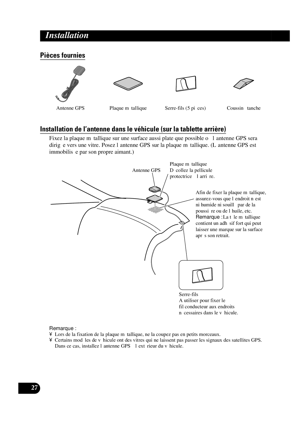 Pioneer AVIC-N3 installation manual Antenne GPS Plaque métallique Serre-fils 5 pièces 