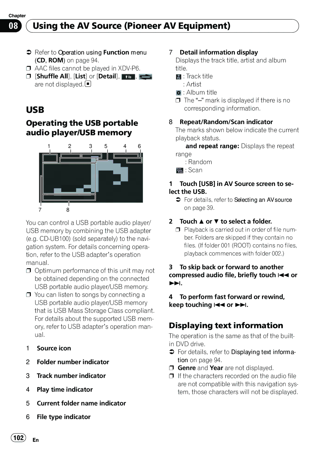 Pioneer AVIC-N5 operation manual Operating the USB portable audio player/USB memory, Displaying text information, 102 En 