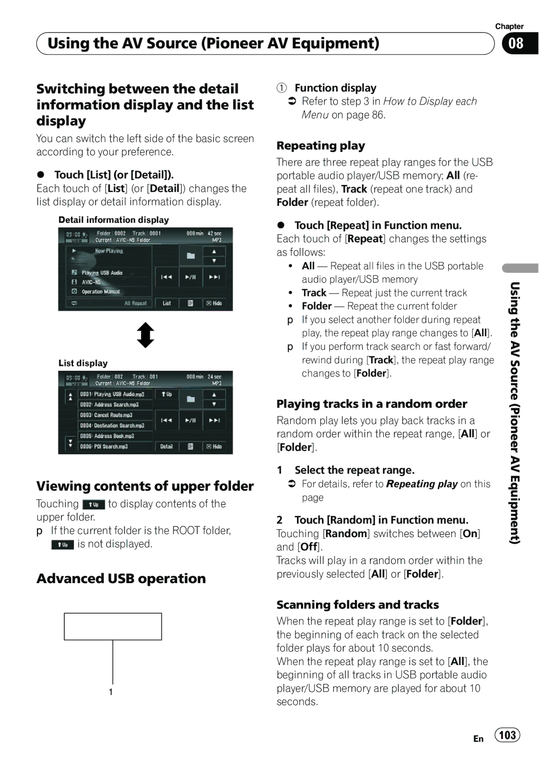 Pioneer AVIC-N5 operation manual Viewing contents of upper folder, Advanced USB operation 