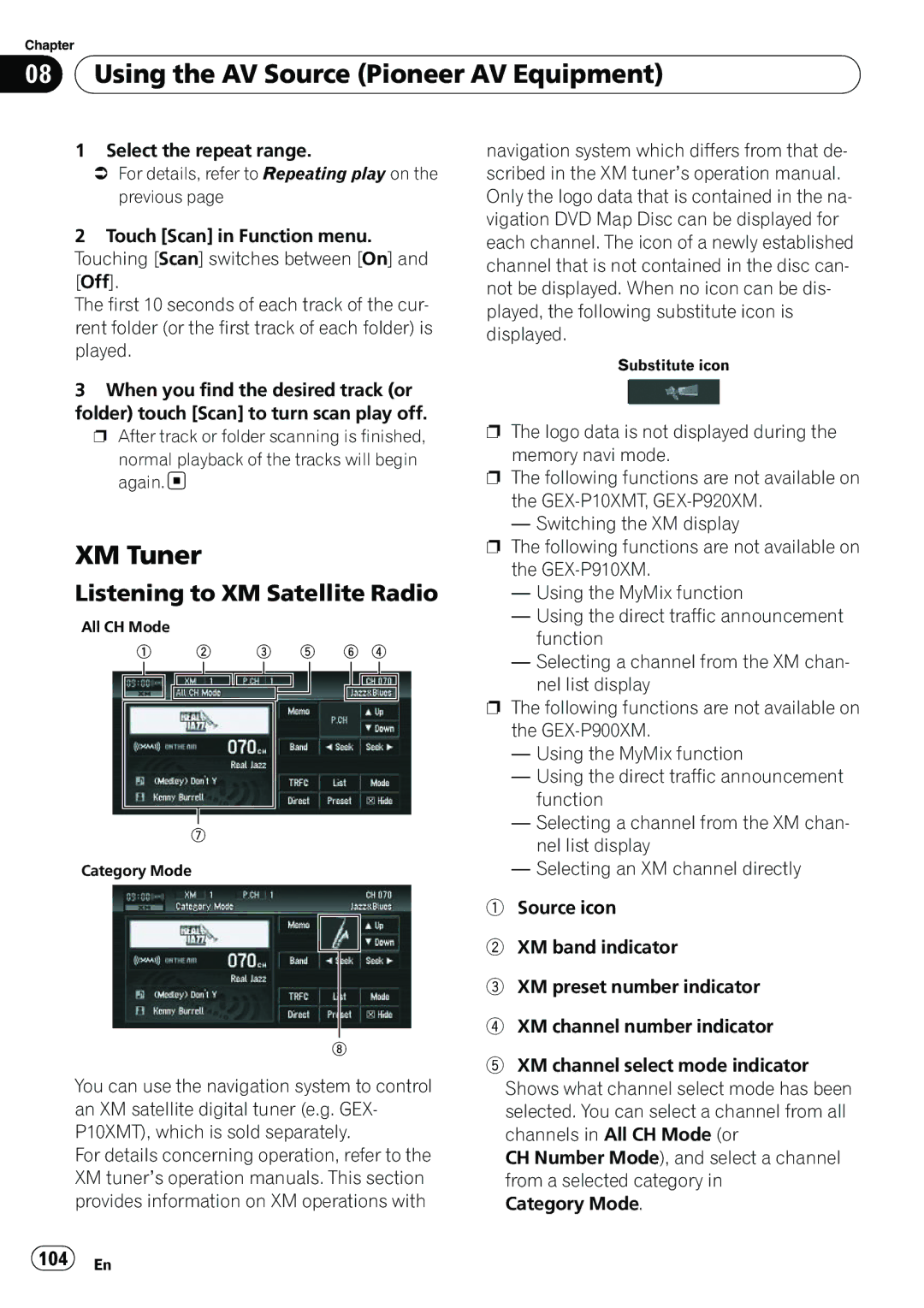 Pioneer AVIC-N5 operation manual XM Tuner, Listening to XM Satellite Radio, 104 En 