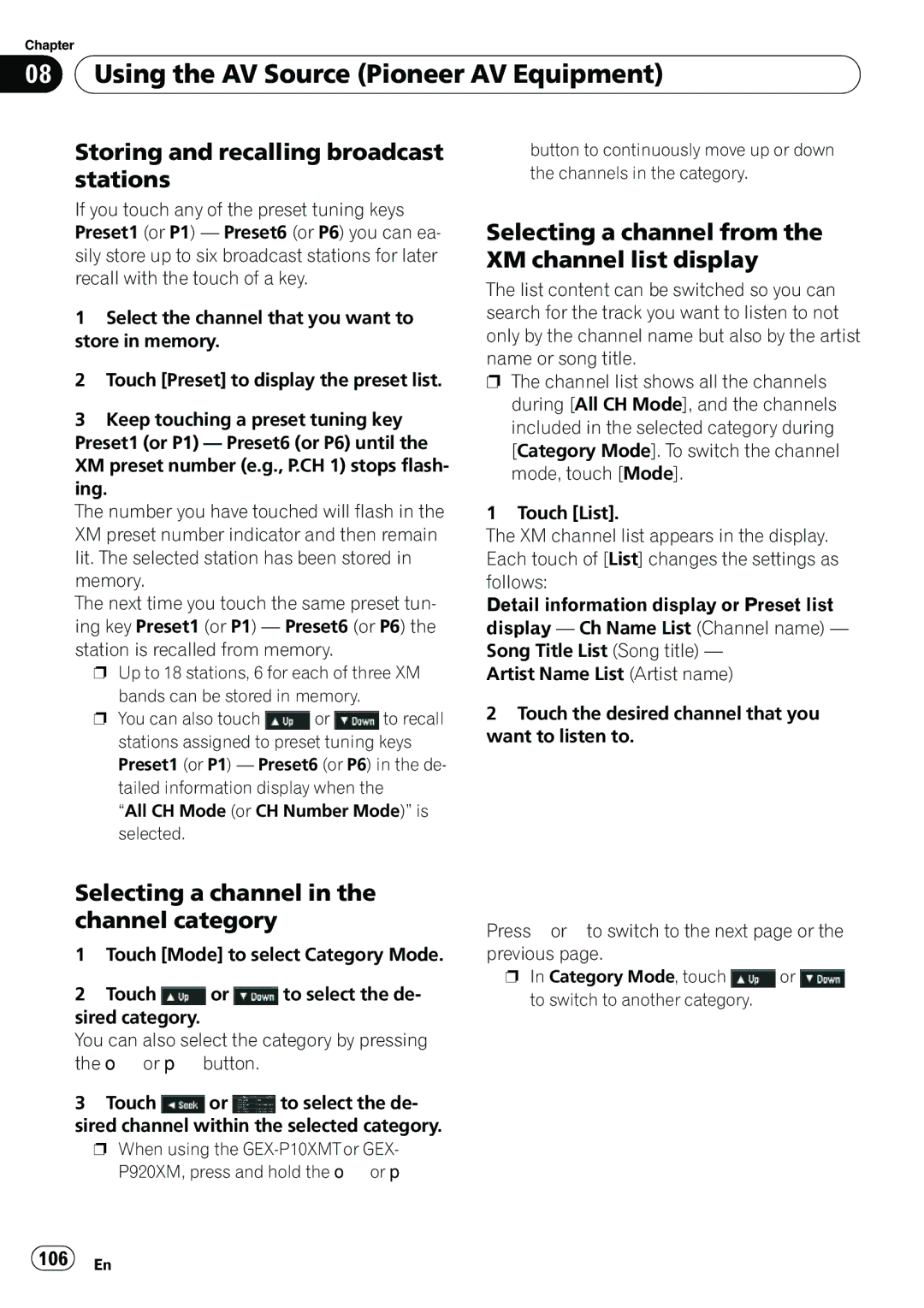 Pioneer AVIC-N5 Storing and recalling broadcast stations, Selecting a channel in the channel category, 106 En 