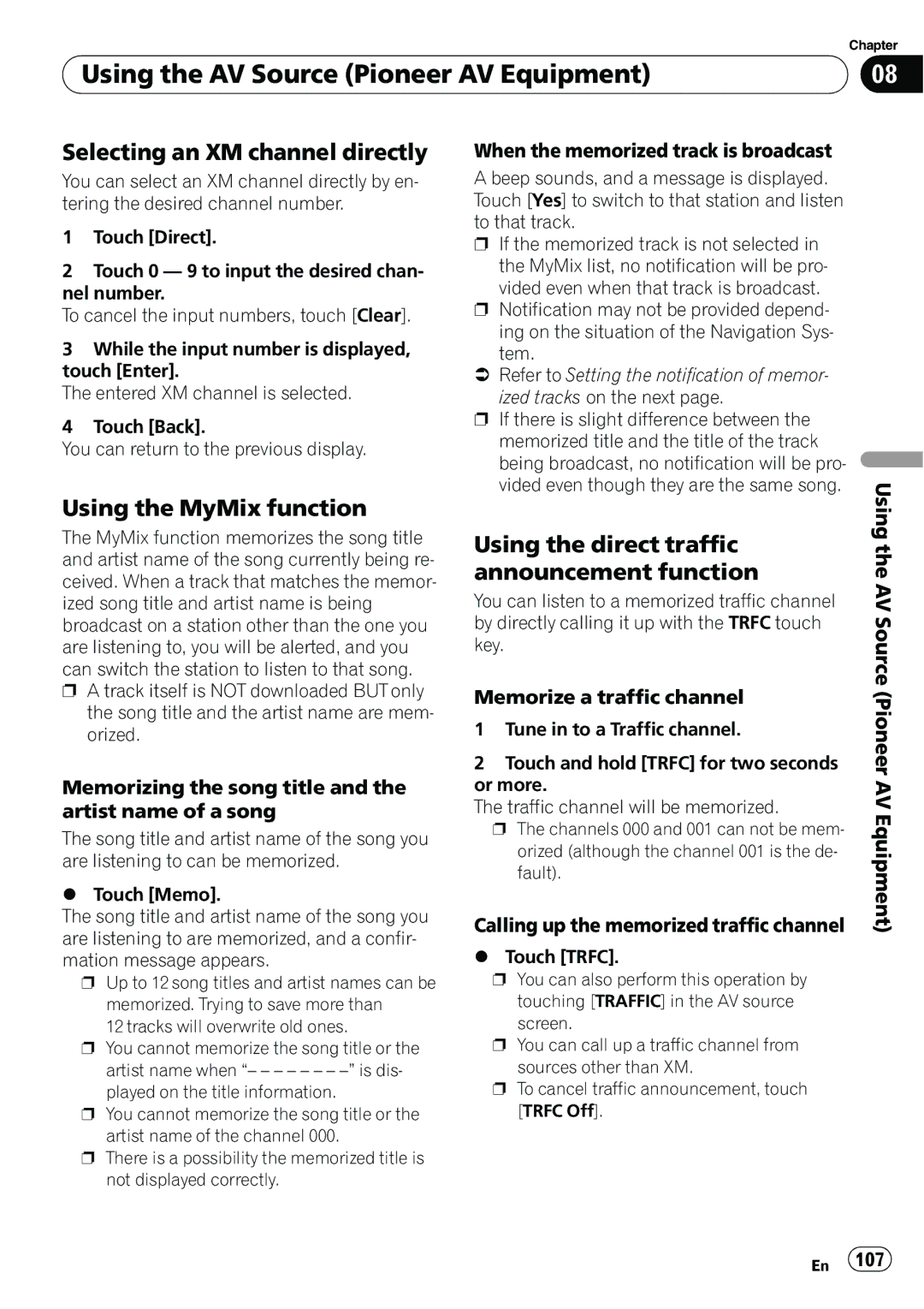 Pioneer AVIC-N5 Selecting an XM channel directly, Using the MyMix function, Using the direct traffic announcement function 