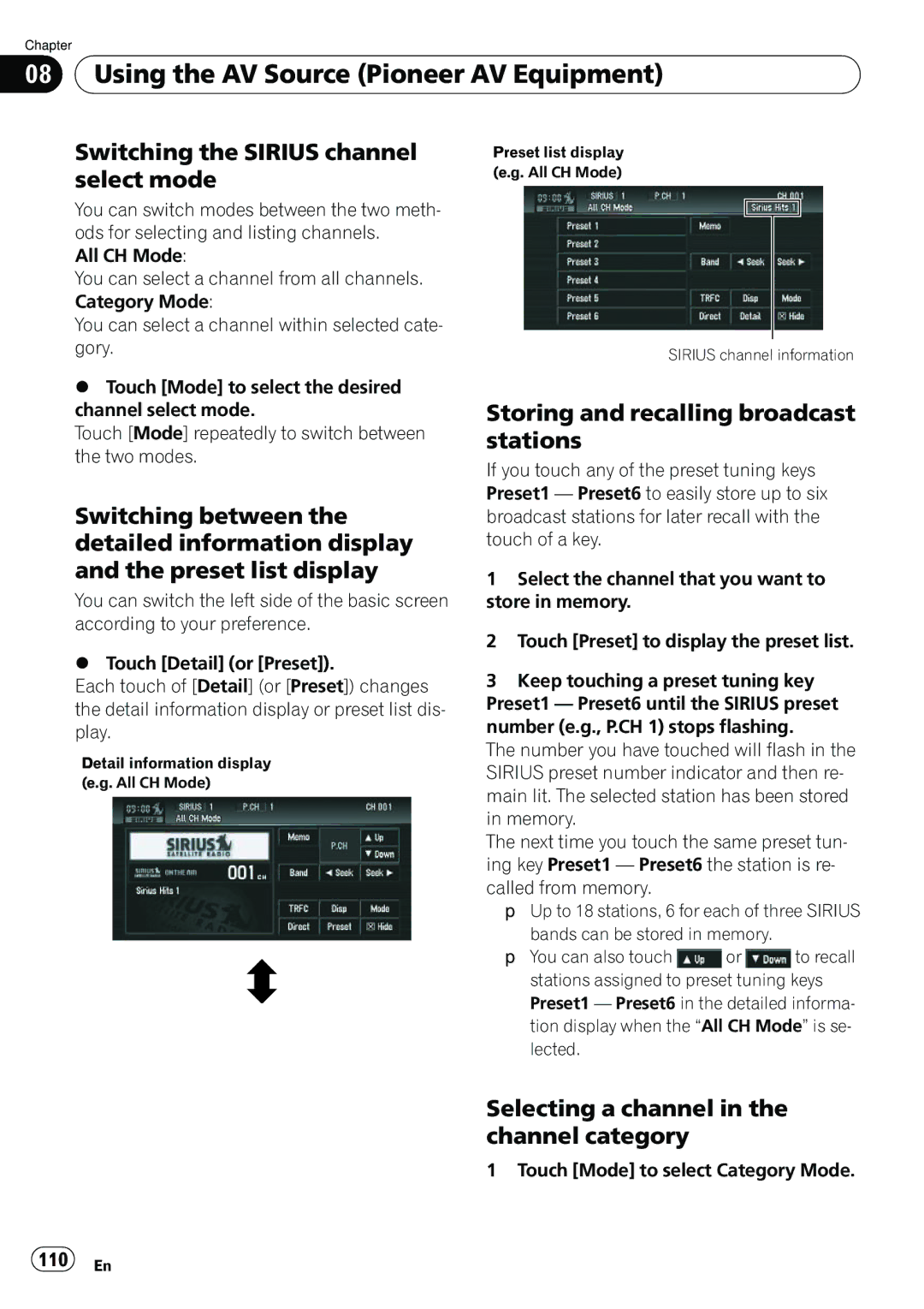 Pioneer AVIC-N5 operation manual Switching the Sirius channel select mode, 110 En, Touch Mode to select Category Mode 