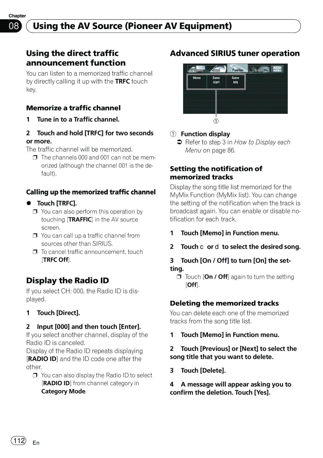 Pioneer AVIC-N5 operation manual Advanced Sirius tuner operation, 112 En 