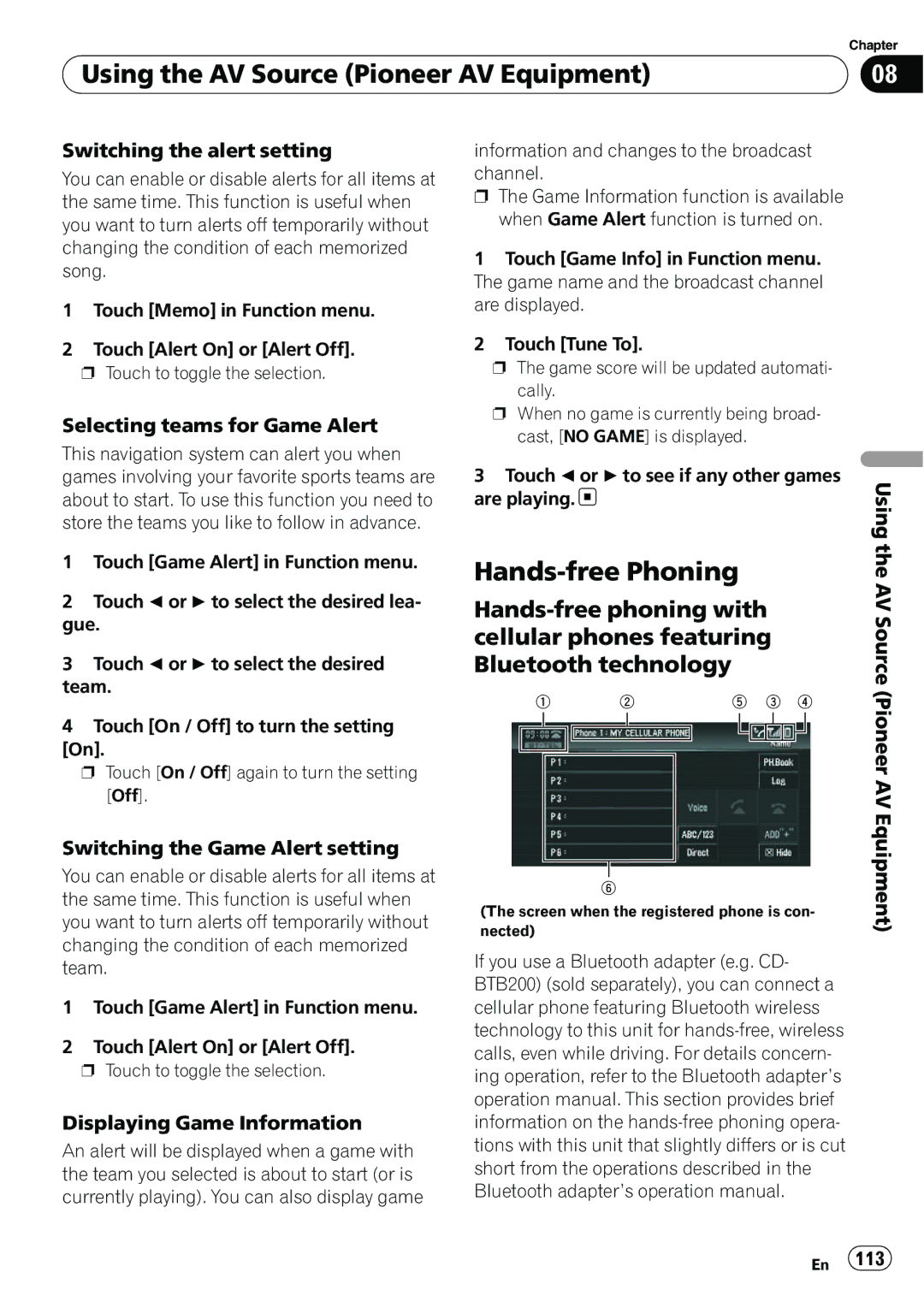 Pioneer AVIC-N5 operation manual Hands-free Phoning, Selecting teams for Game Alert, Switching the Game Alert setting 