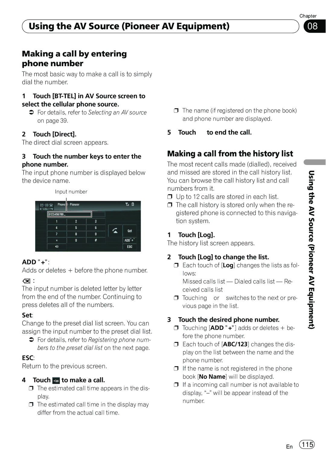 Pioneer AVIC-N5 operation manual Making a call by entering phone number, Making a call from the history list, Esc 