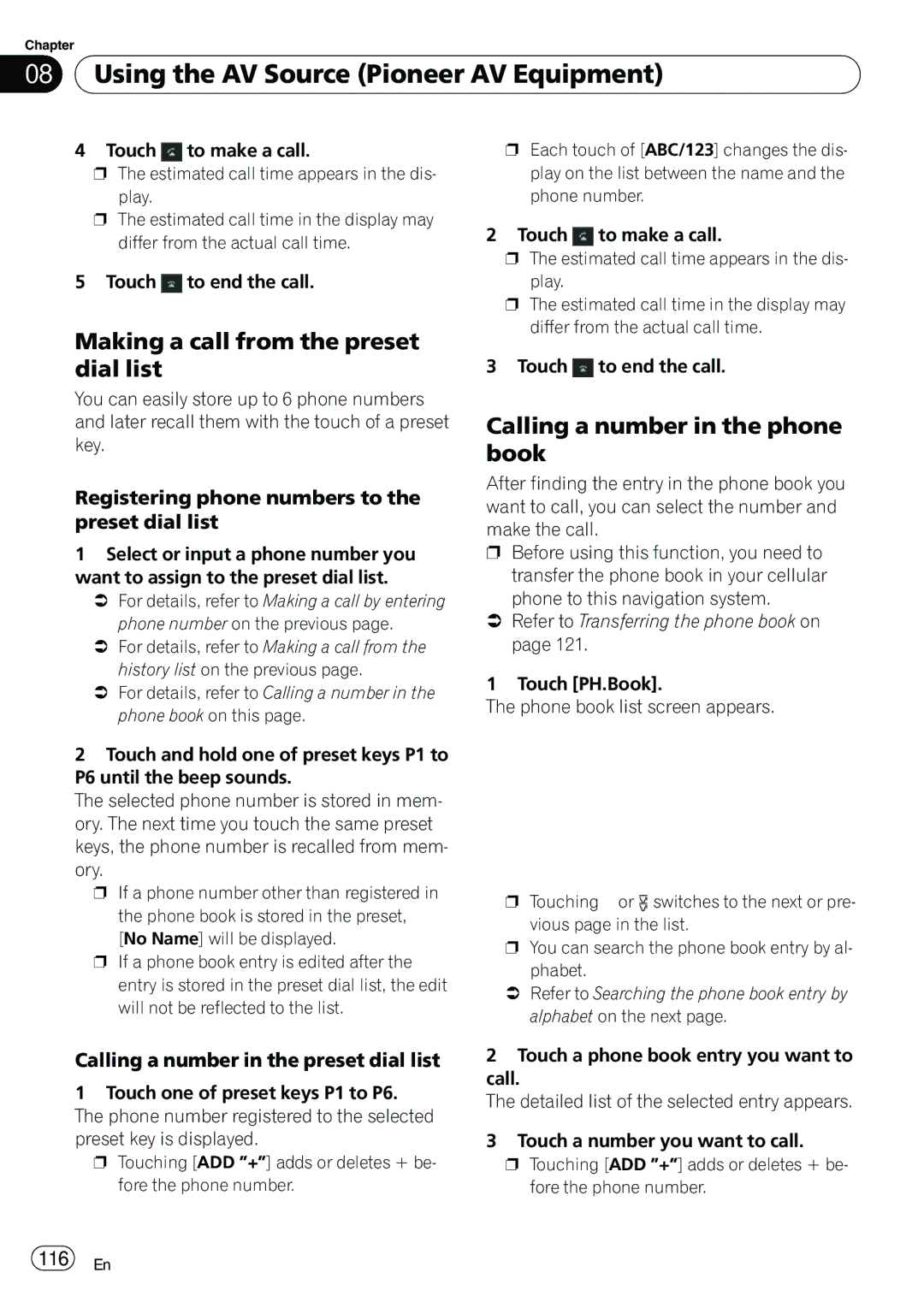 Pioneer AVIC-N5 operation manual Making a call from the preset dial list, Calling a number in the phone book, 116 En 