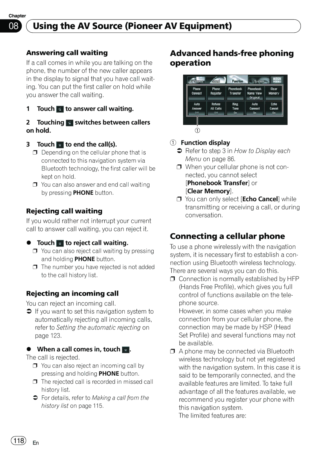 Pioneer AVIC-N5 operation manual Advanced hands-free phoning operation, Connecting a cellular phone 