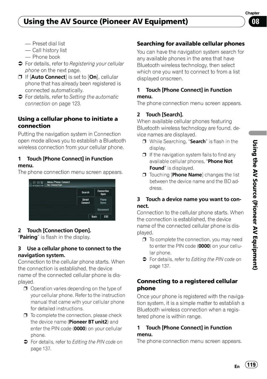 Pioneer AVIC-N5 operation manual Using a cellular phone to initiate a connection, Searching for available cellular phones 