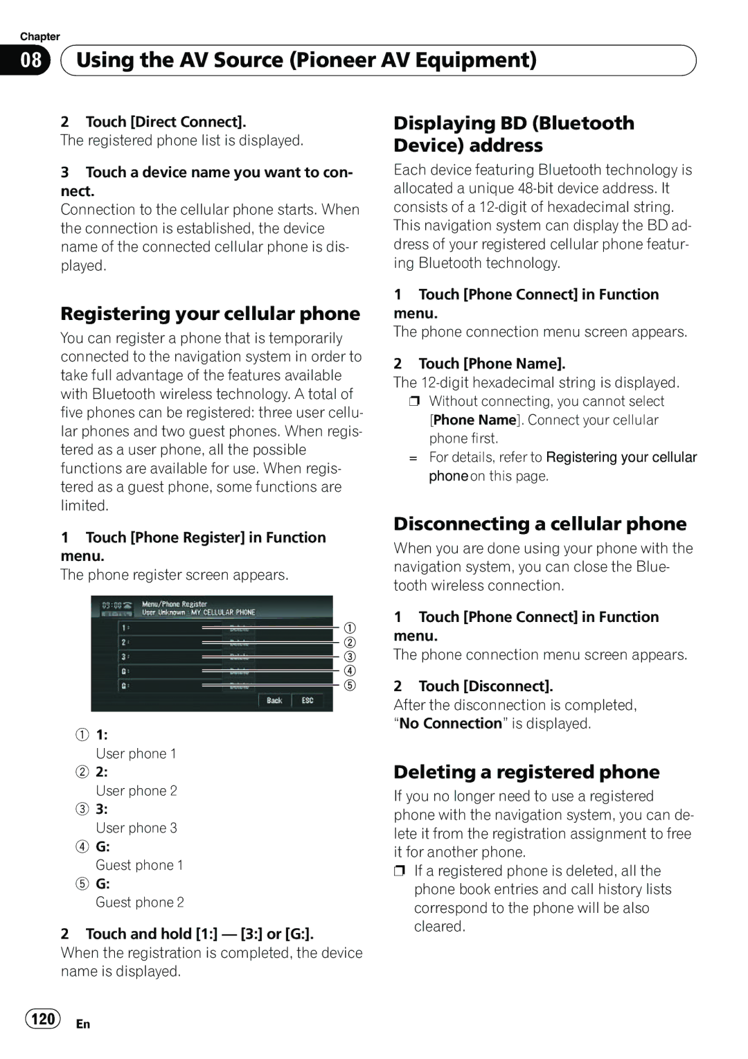 Pioneer AVIC-N5 Registering your cellular phone, Displaying BD Bluetooth Device address, Disconnecting a cellular phone 