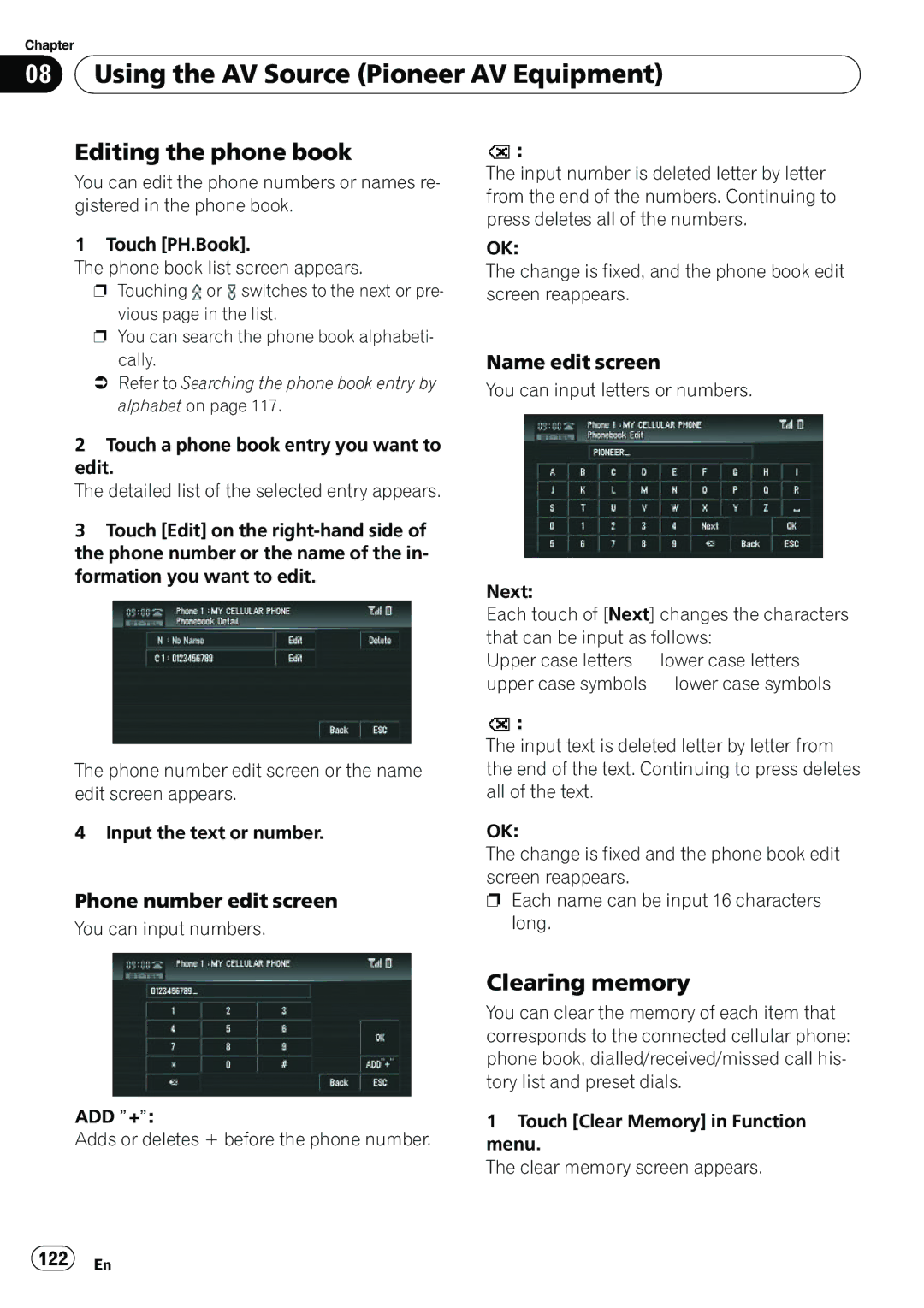 Pioneer AVIC-N5 Editing the phone book, Clearing memory, Phone number edit screen, Name edit screen, 122 En 