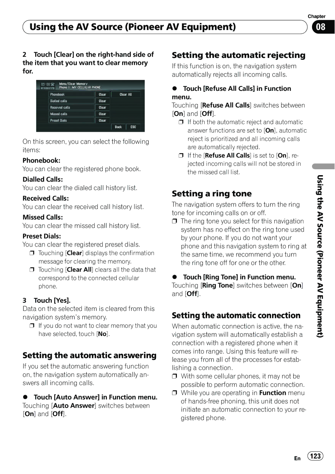 Pioneer AVIC-N5 operation manual Setting the automatic answering, Setting the automatic rejecting, Setting a ring tone 