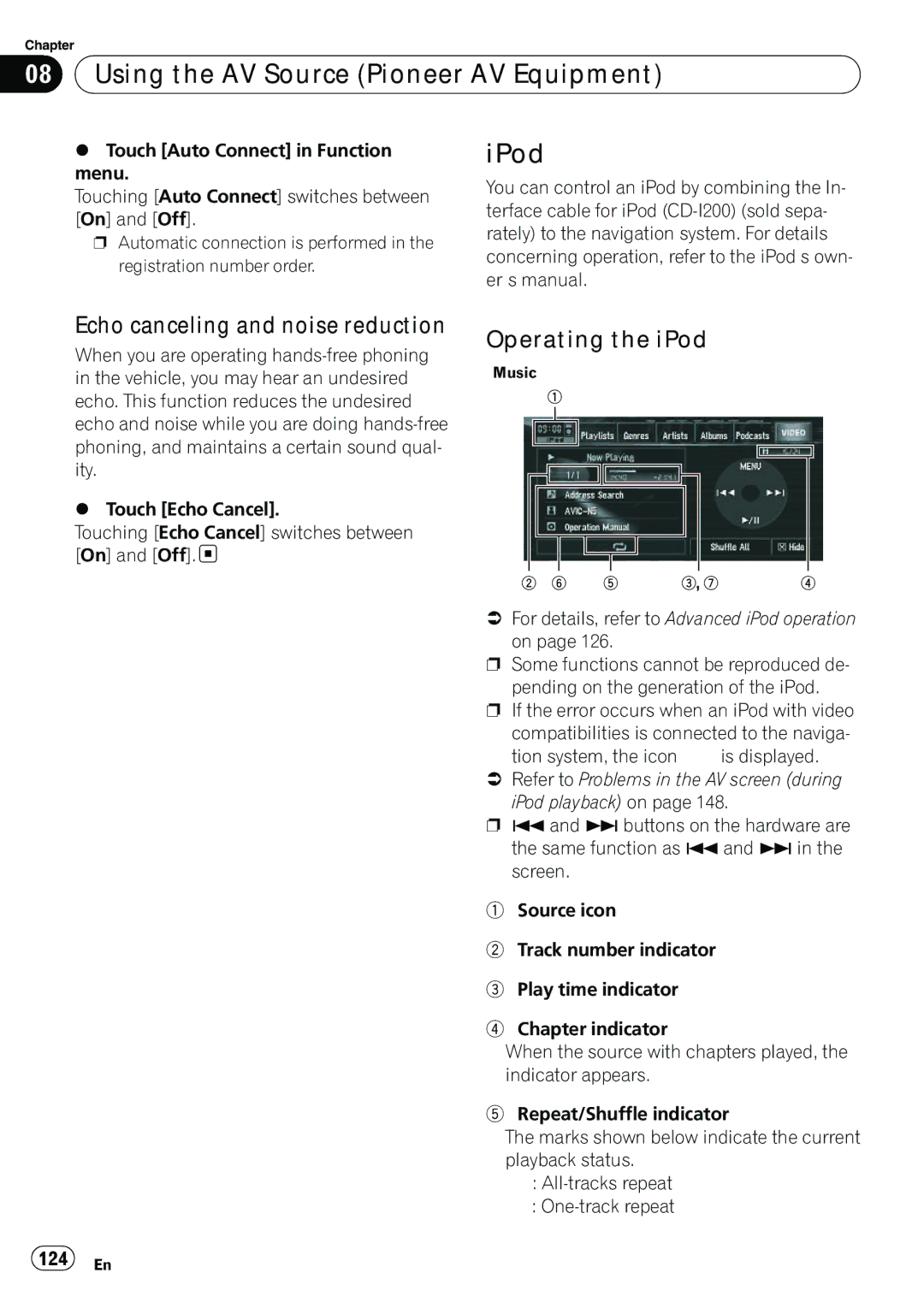 Pioneer AVIC-N5 operation manual IPod, Echo canceling and noise reduction, Operating the iPod, 124 En 