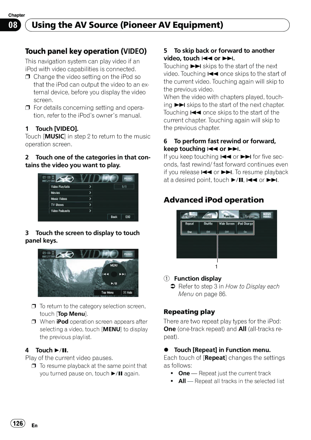 Pioneer AVIC-N5 operation manual Touch panel key operation Video, Advanced iPod operation, 126 En 