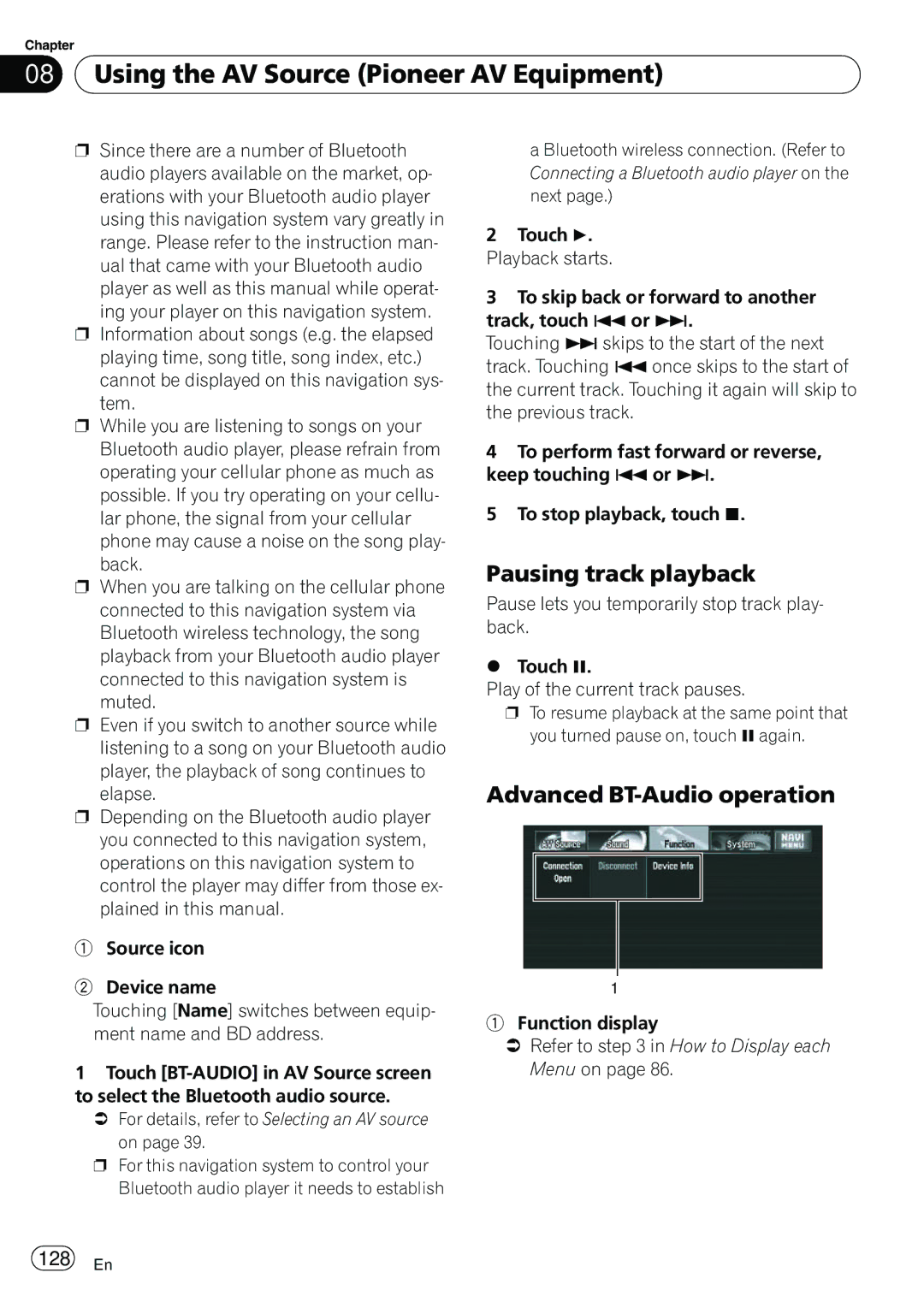 Pioneer AVIC-N5 operation manual Pausing track playback, Advanced BT-Audio operation, 128 En 