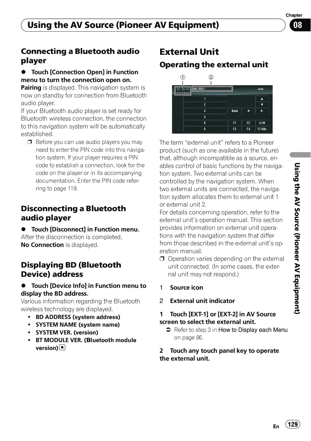 Pioneer AVIC-N5 operation manual External Unit, Connecting a Bluetooth audio player, Disconnecting a Bluetooth audio player 