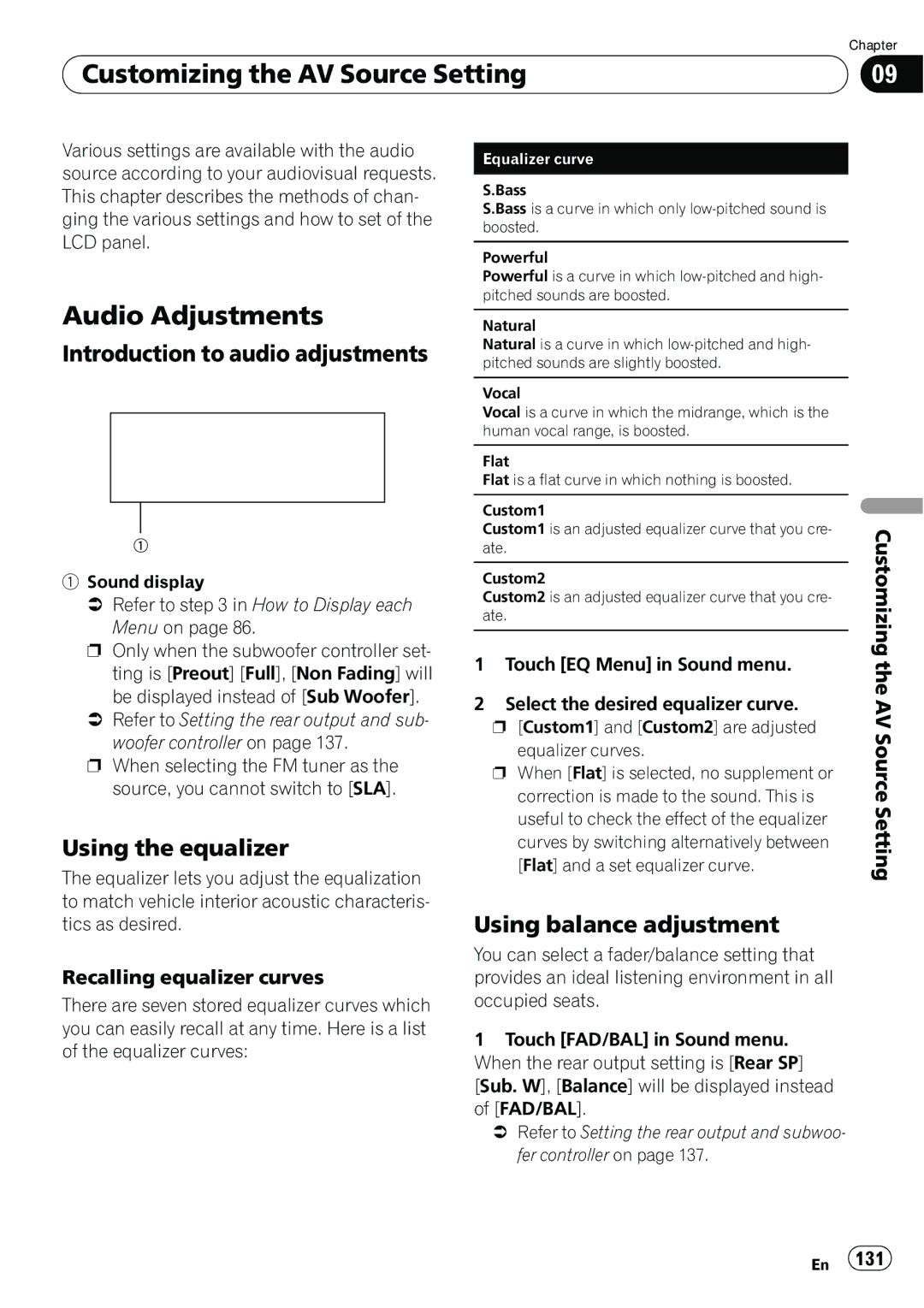 Pioneer AVIC-N5 operation manual Customizing the AV Source Setting, Audio Adjustments, Introduction to audio adjustments 
