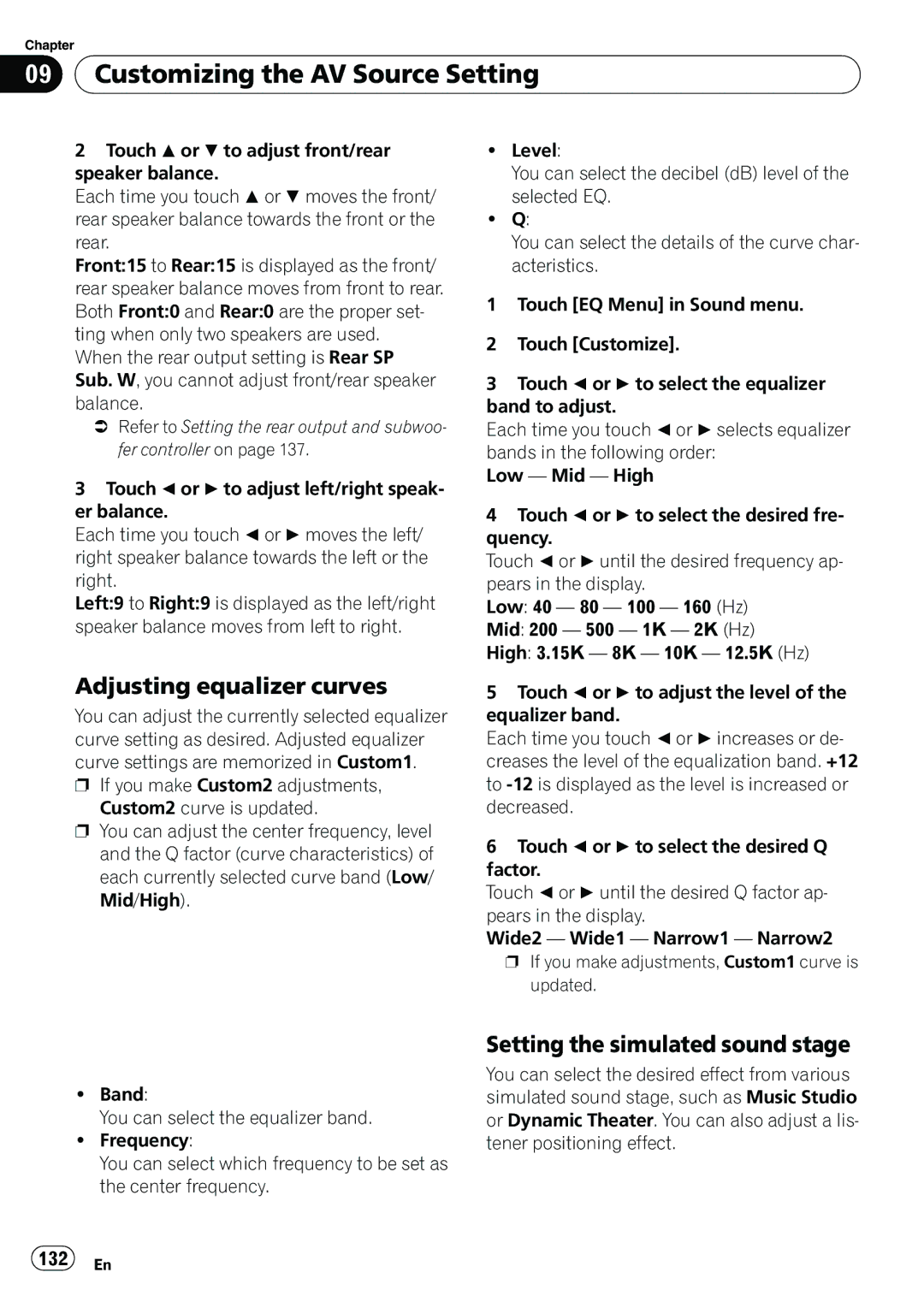 Pioneer AVIC-N5 operation manual Adjusting equalizer curves, Setting the simulated sound stage, 132 En 