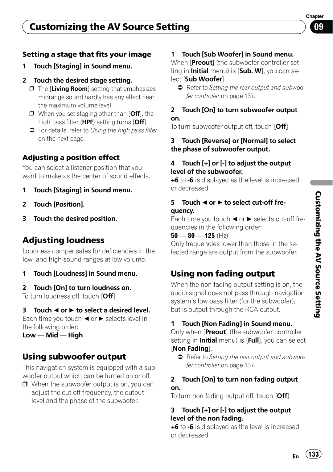 Pioneer AVIC-N5 Adjusting loudness, Using subwoofer output, Using non fading output, Setting a stage that fits your image 