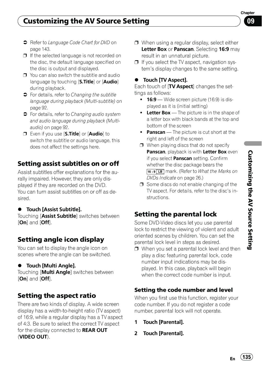 Pioneer AVIC-N5 operation manual Setting assist subtitles on or off, Setting angle icon display, Setting the aspect ratio 