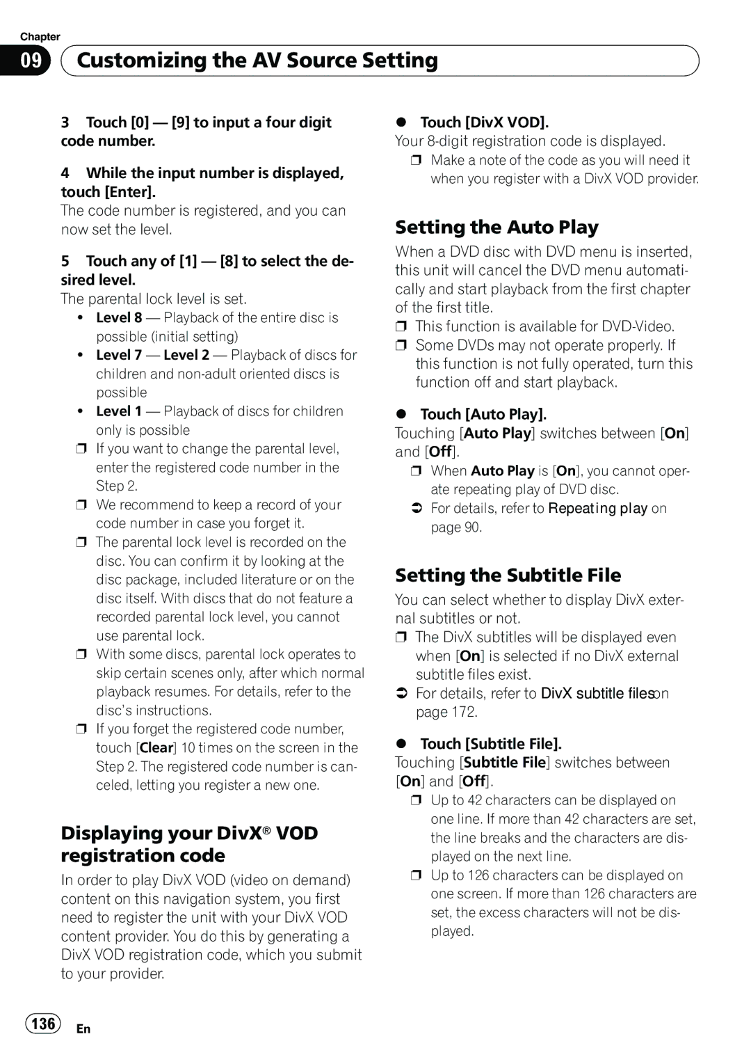 Pioneer AVIC-N5 Displaying your DivX VOD registration code, Setting the Auto Play, Setting the Subtitle File, 136 En 