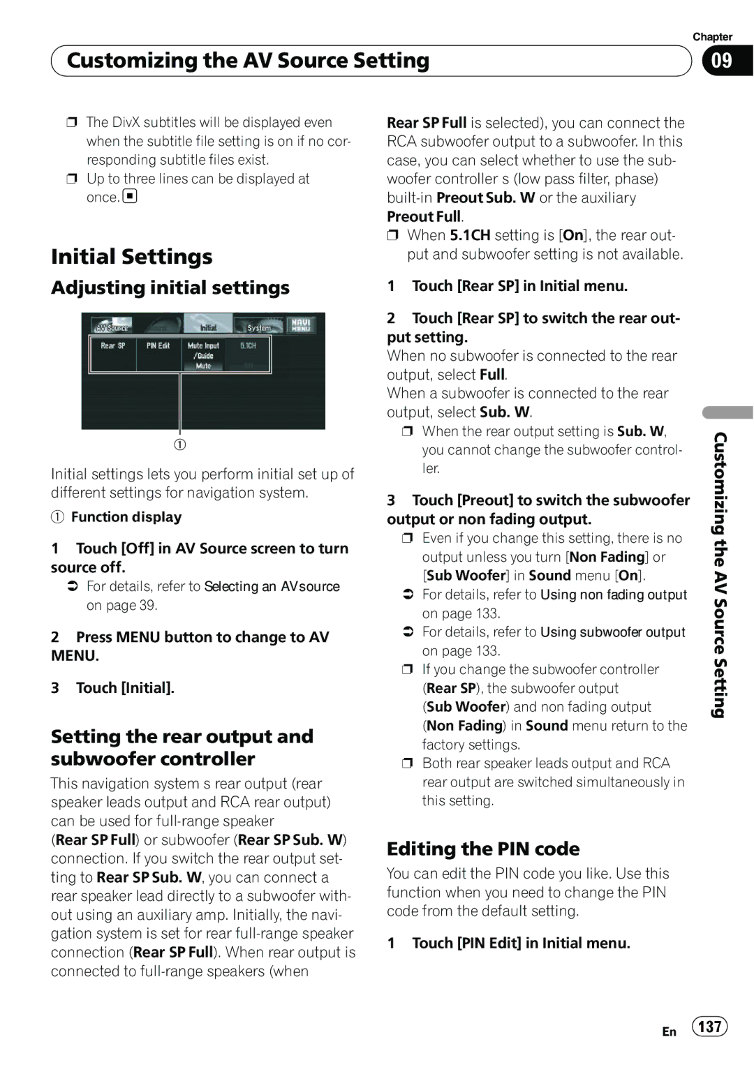 Pioneer AVIC-N5 Initial Settings, Adjusting initial settings, Setting the rear output and subwoofer controller 