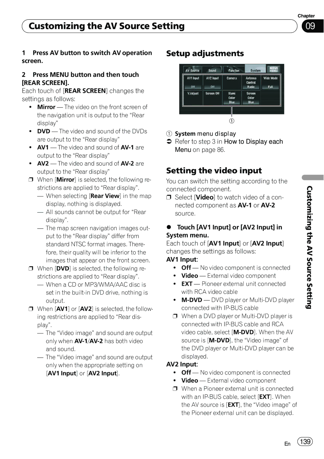 Pioneer AVIC-N5 operation manual Setup adjustments, Setting the video input 