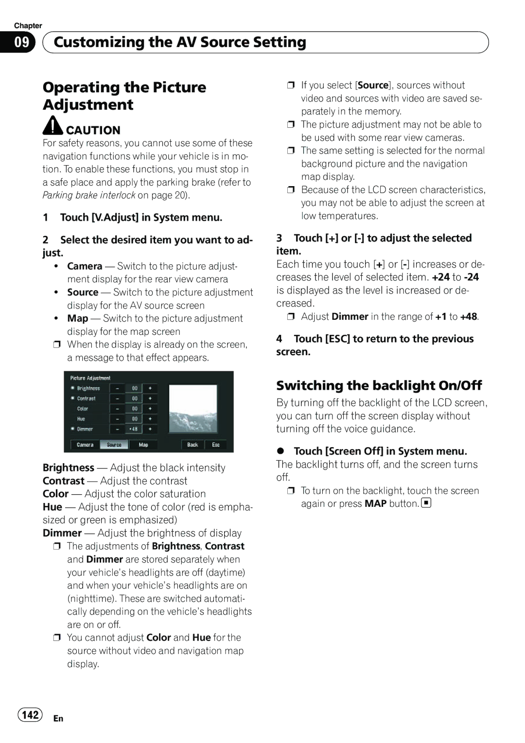 Pioneer AVIC-N5 operation manual Switching the backlight On/Off, 142 En 