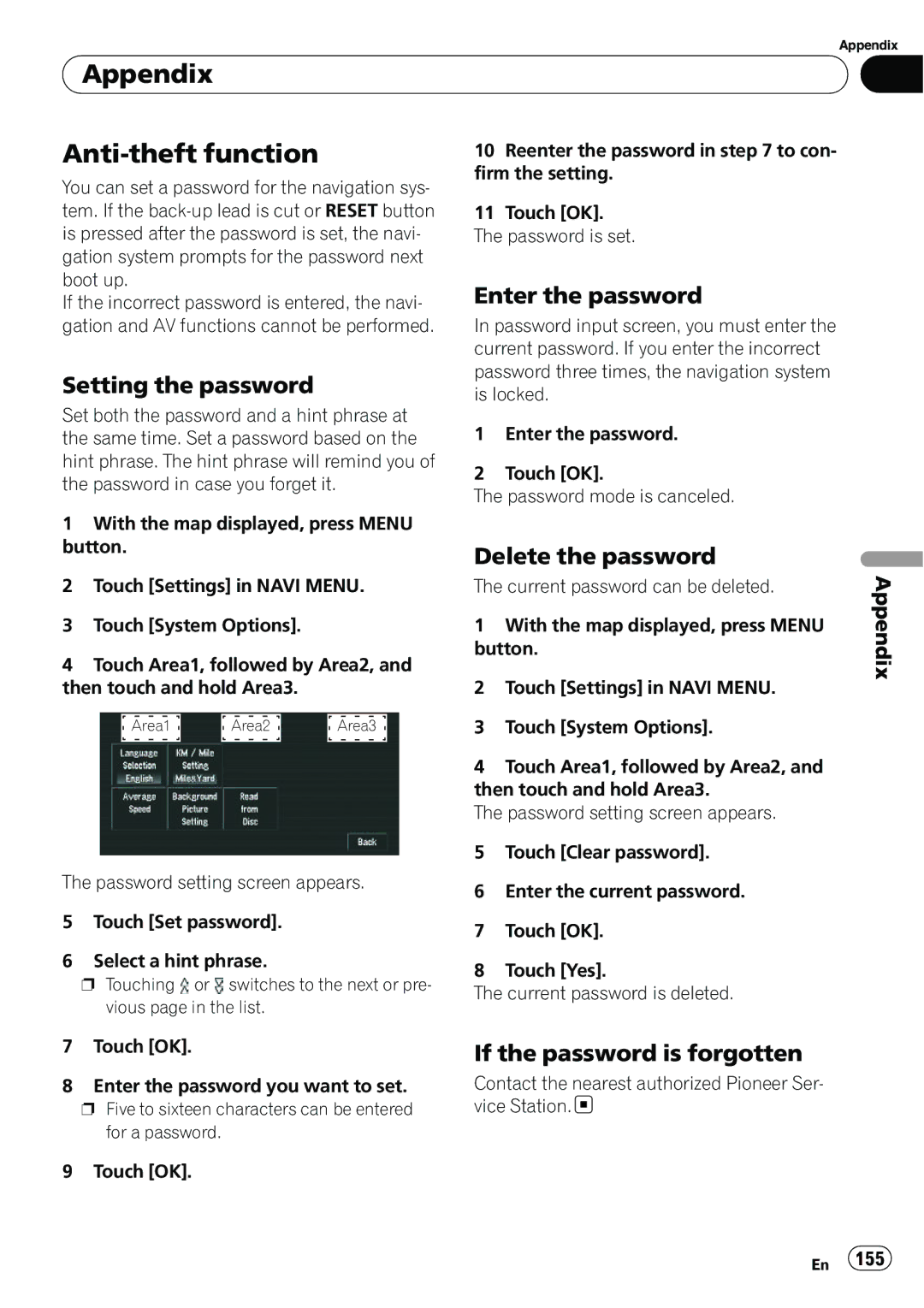 Pioneer AVIC-N5 Appendix Anti-theft function, Setting the password, Enter the password, Delete the password 