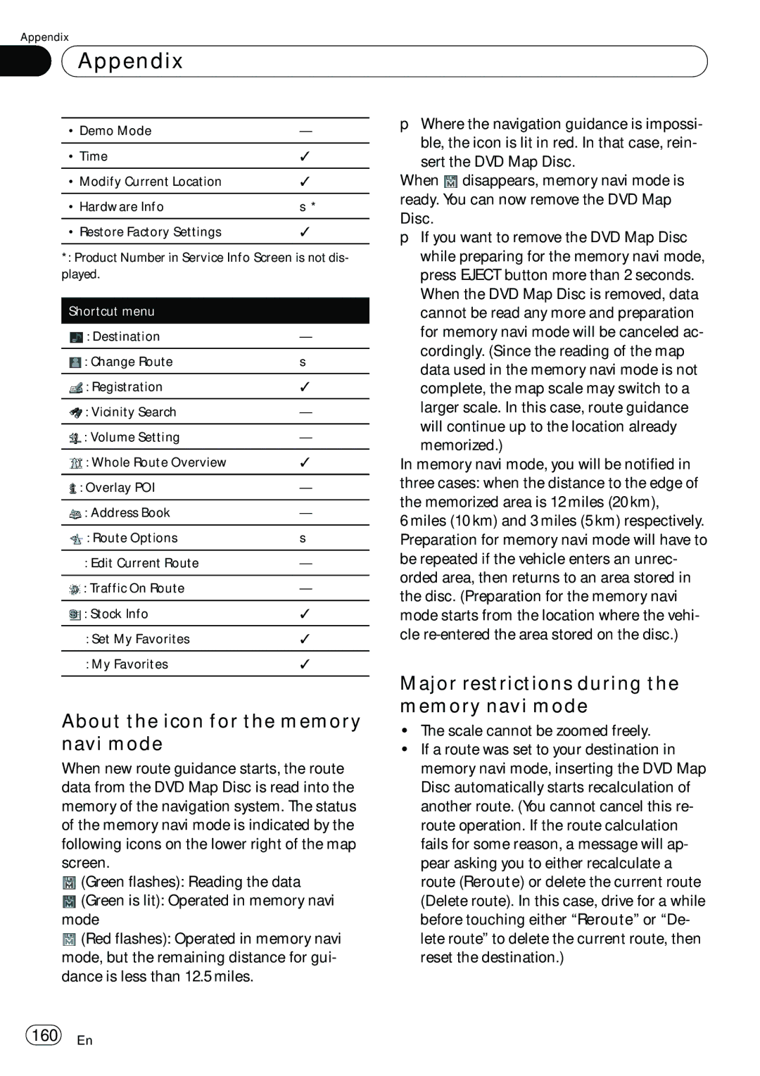 Pioneer AVIC-N5 About the icon for the memory navi mode, Major restrictions during the memory navi mode, 160 En 