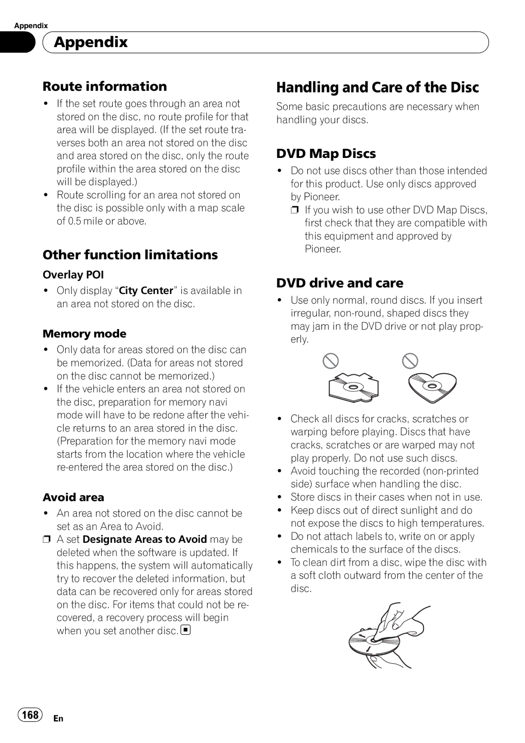 Pioneer AVIC-N5 Handling and Care of the Disc, Route information, Other function limitations, DVD Map Discs 