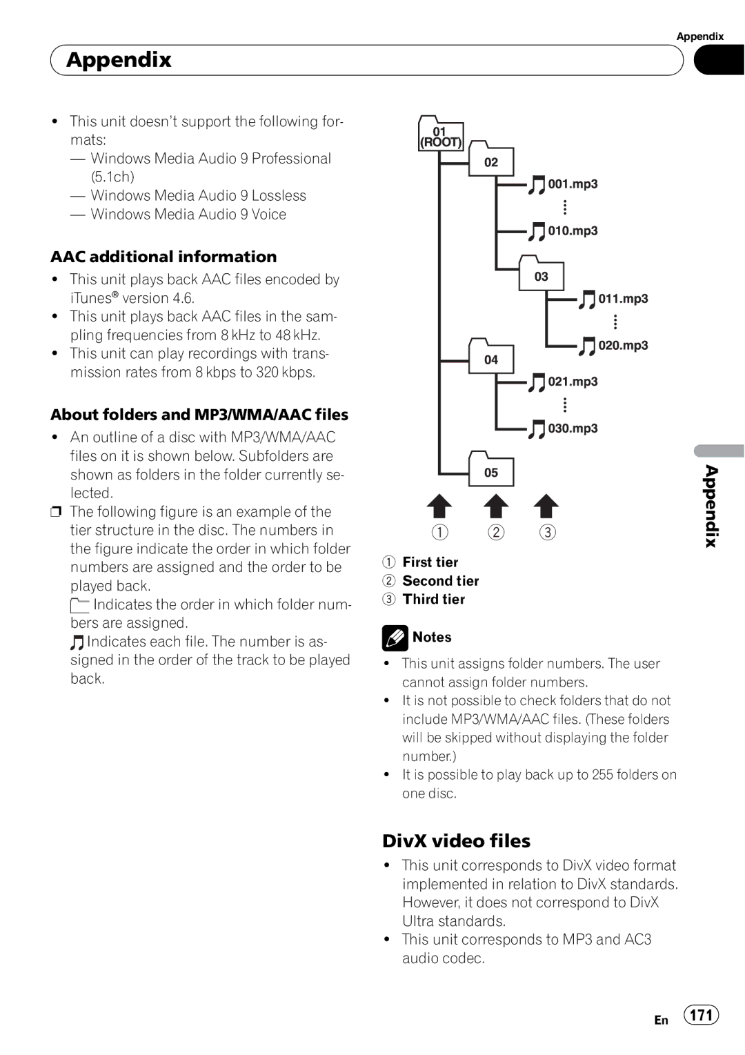 Pioneer AVIC-N5 operation manual DivX video files, AAC additional information, About folders and MP3/WMA/AAC files 