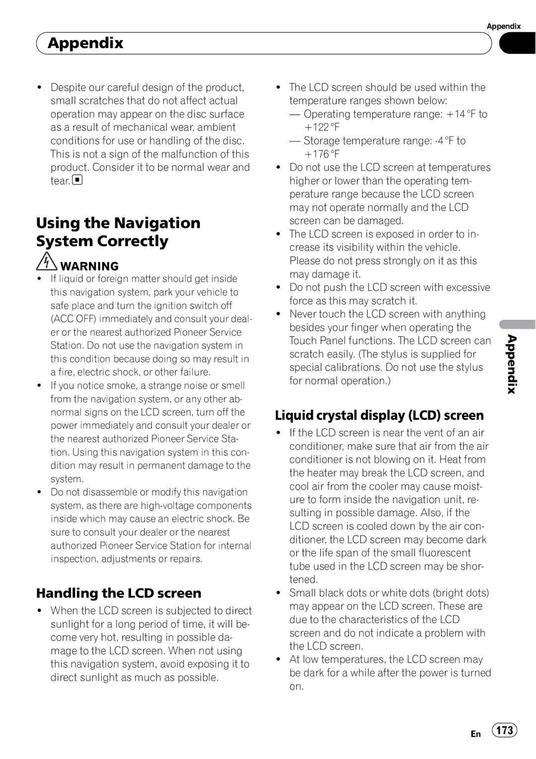 Pioneer AVIC-N5 Using the Navigation System Correctly, Handling the LCD screen, Liquid crystal display LCD screen 