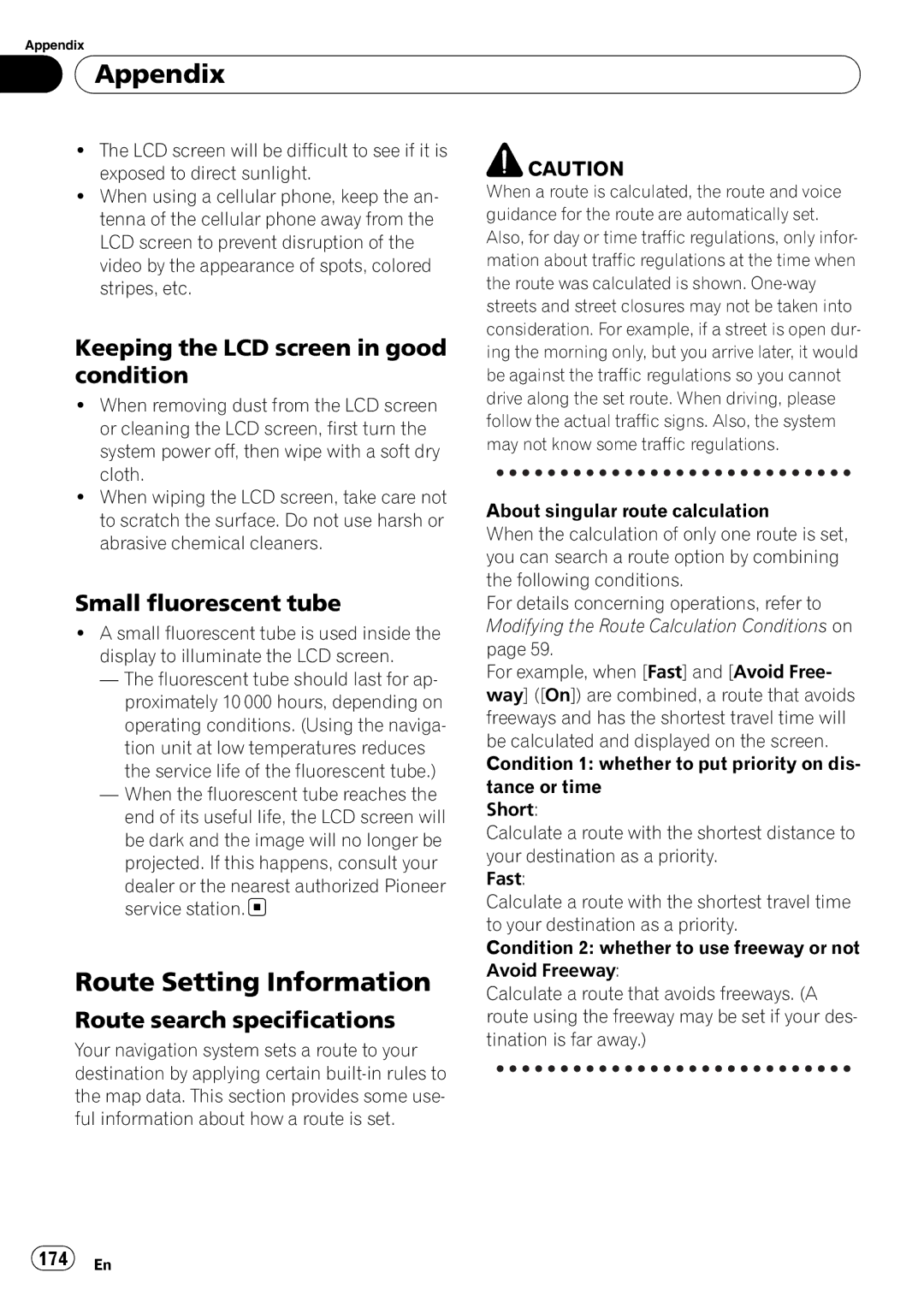 Pioneer AVIC-N5 Route Setting Information, Keeping the LCD screen in good condition, Small fluorescent tube, 174 En 