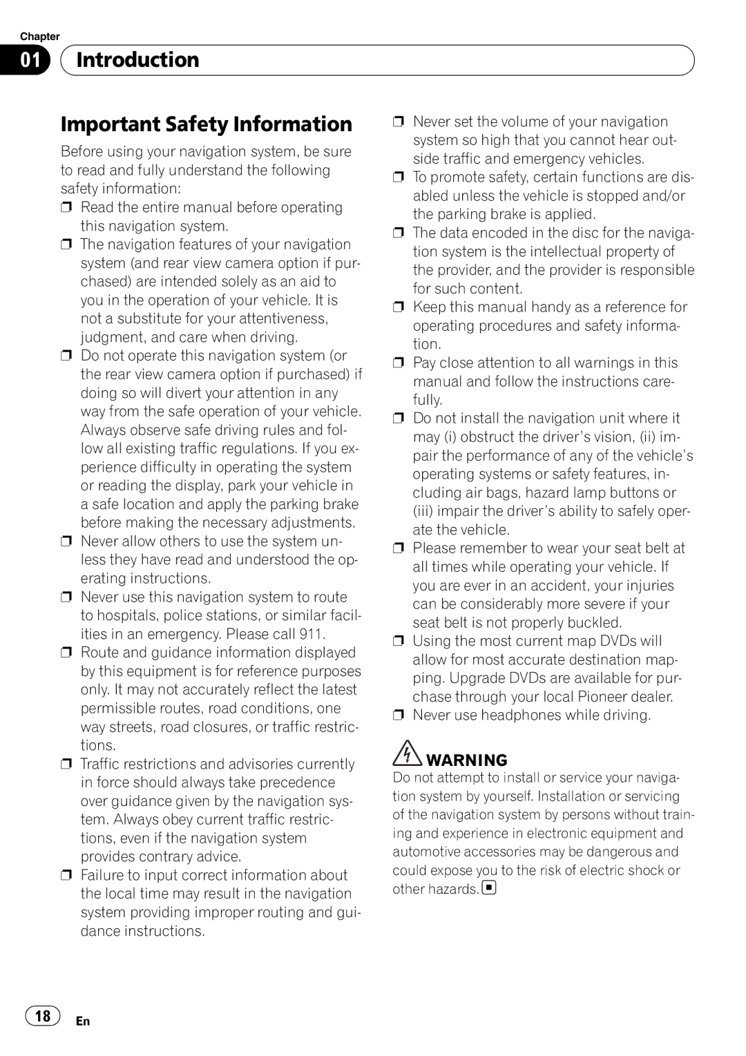 Pioneer AVIC-N5 operation manual Introduction Important Safety Information 