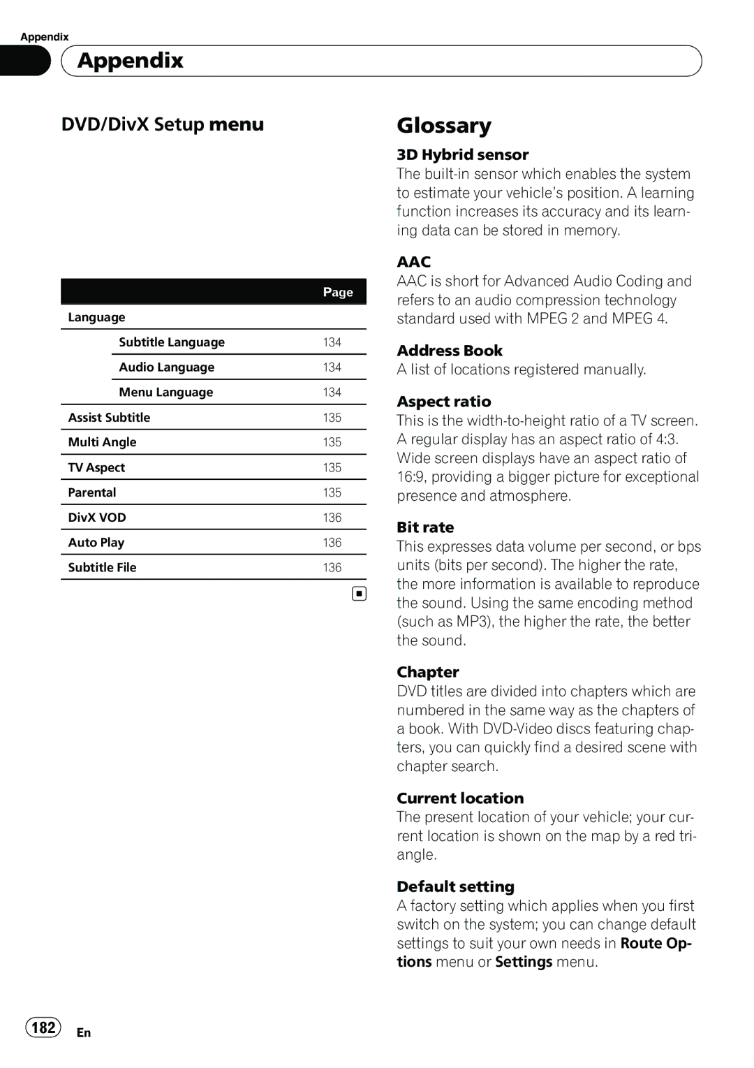 Pioneer AVIC-N5 operation manual Glossary, DVD/DivX Setup menu, 182 En, Aac 