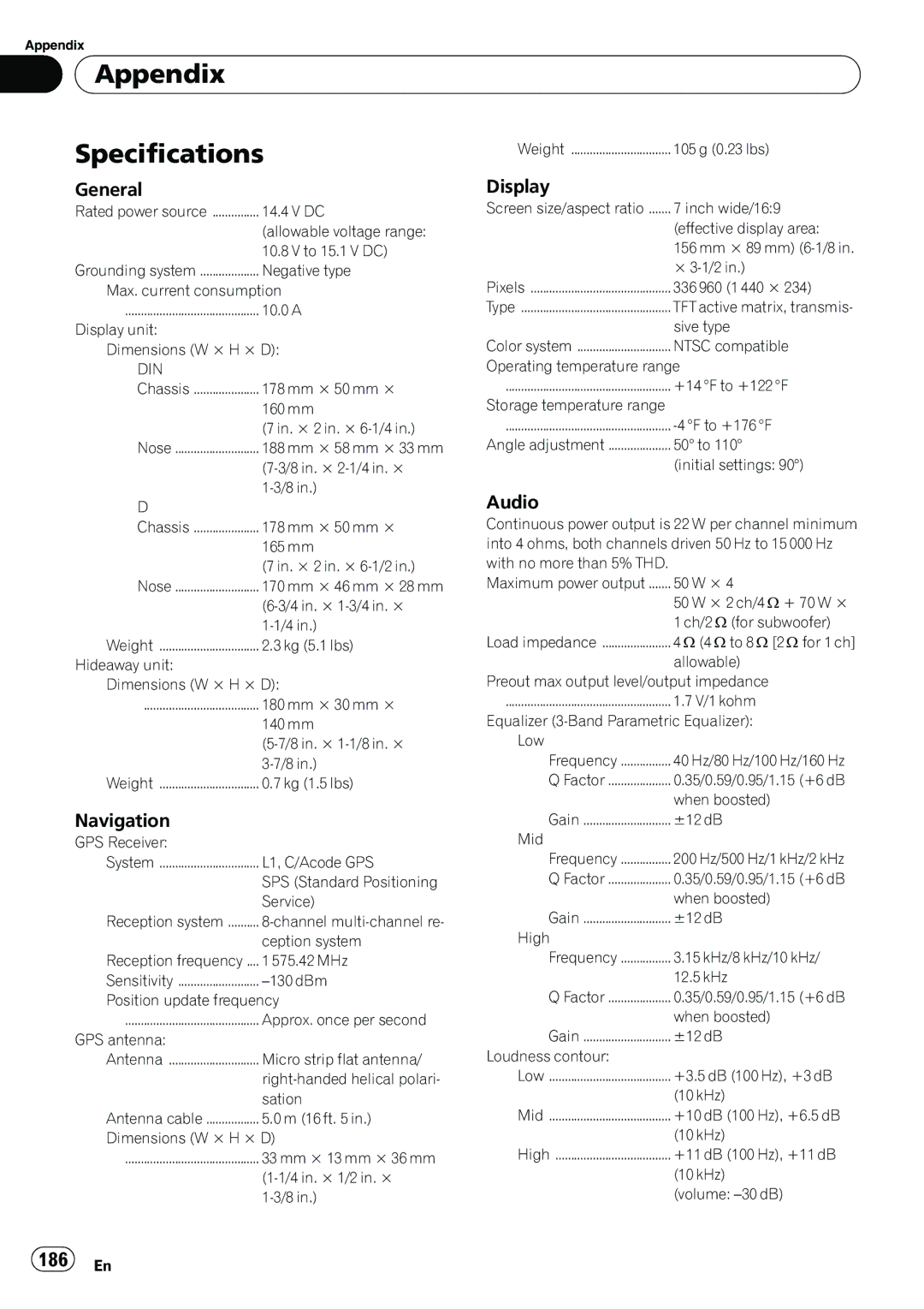 Pioneer AVIC-N5 operation manual Appendix Specifications, 186 En, General Display, Navigation, Audio 