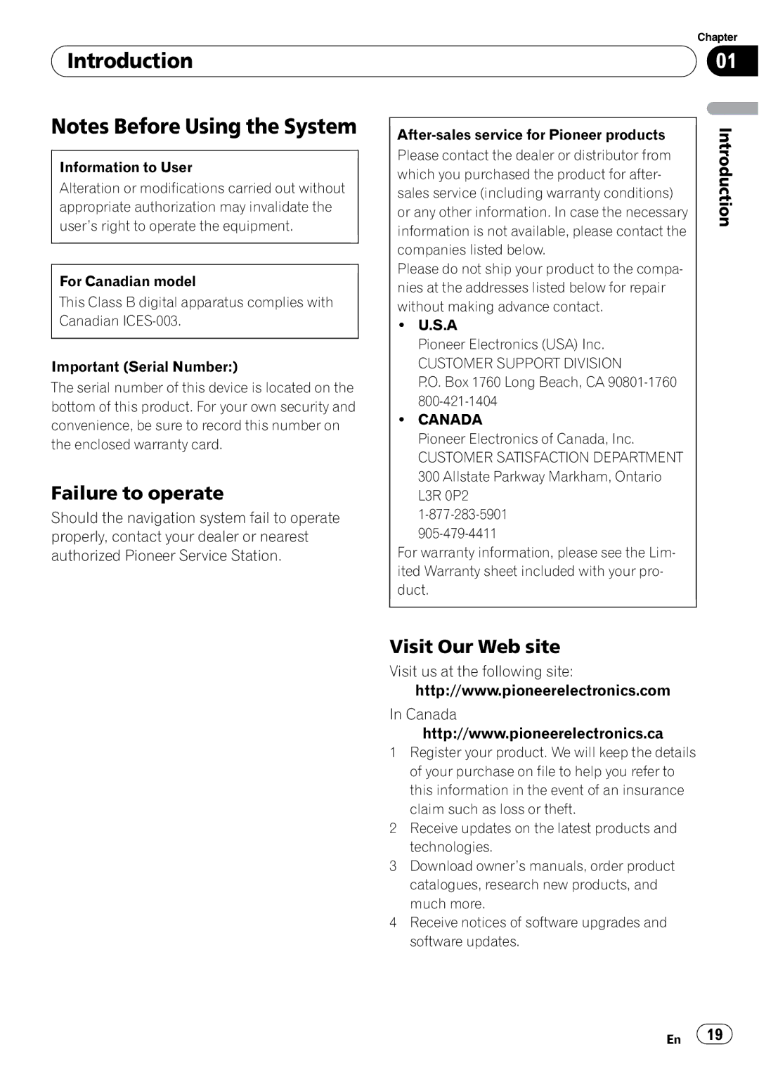 Pioneer AVIC-N5 operation manual Failure to operate, Visit Our Web site, Customer Support Division, Canada 