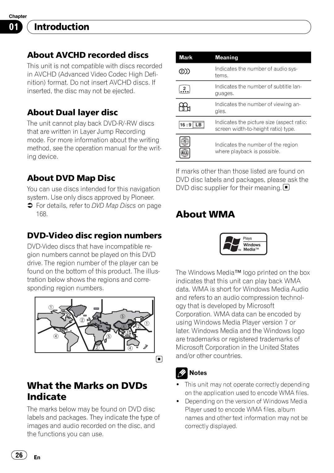 Pioneer AVIC-N5 What the Marks on DVDs Indicate, About WMA, About Avchd recorded discs, DVD-Video disc region numbers 