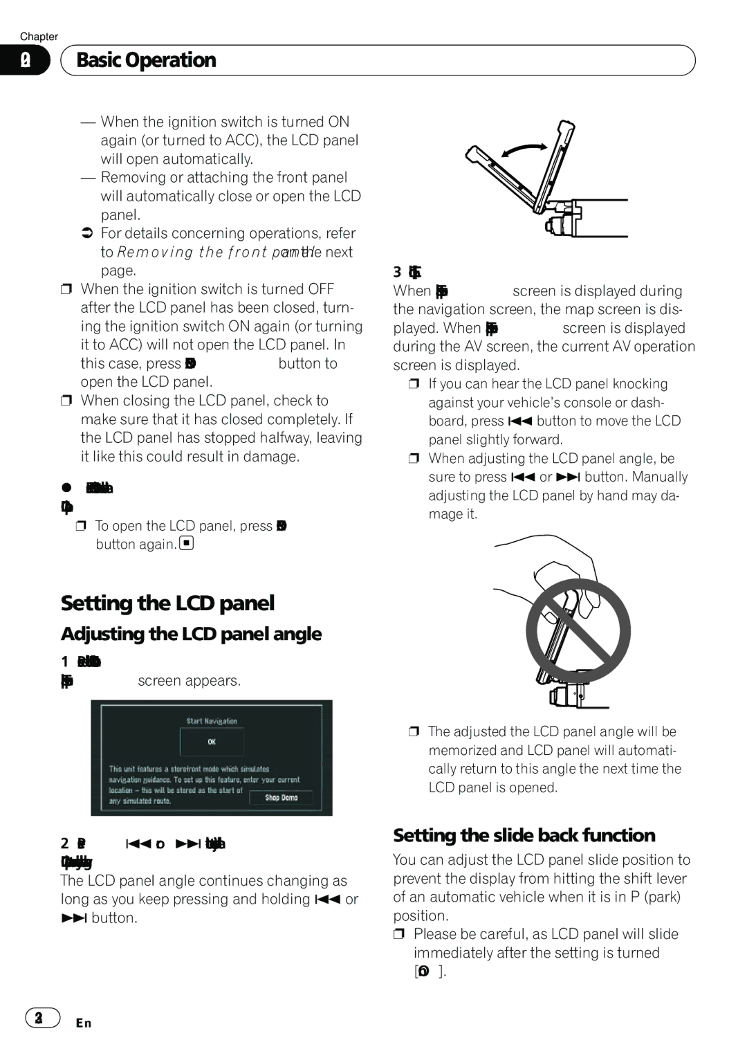 Pioneer AVIC-N5 operation manual Setting the LCD panel, Adjusting the LCD panel angle, Setting the slide back function 