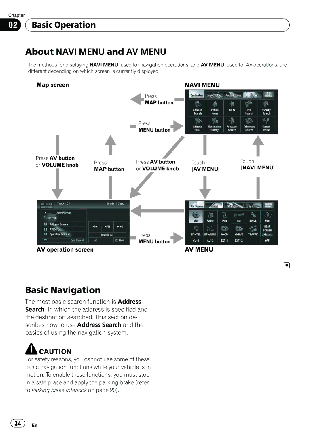 Pioneer AVIC-N5 operation manual Basic Operation About Navi Menu and AV Menu, Basic Navigation 