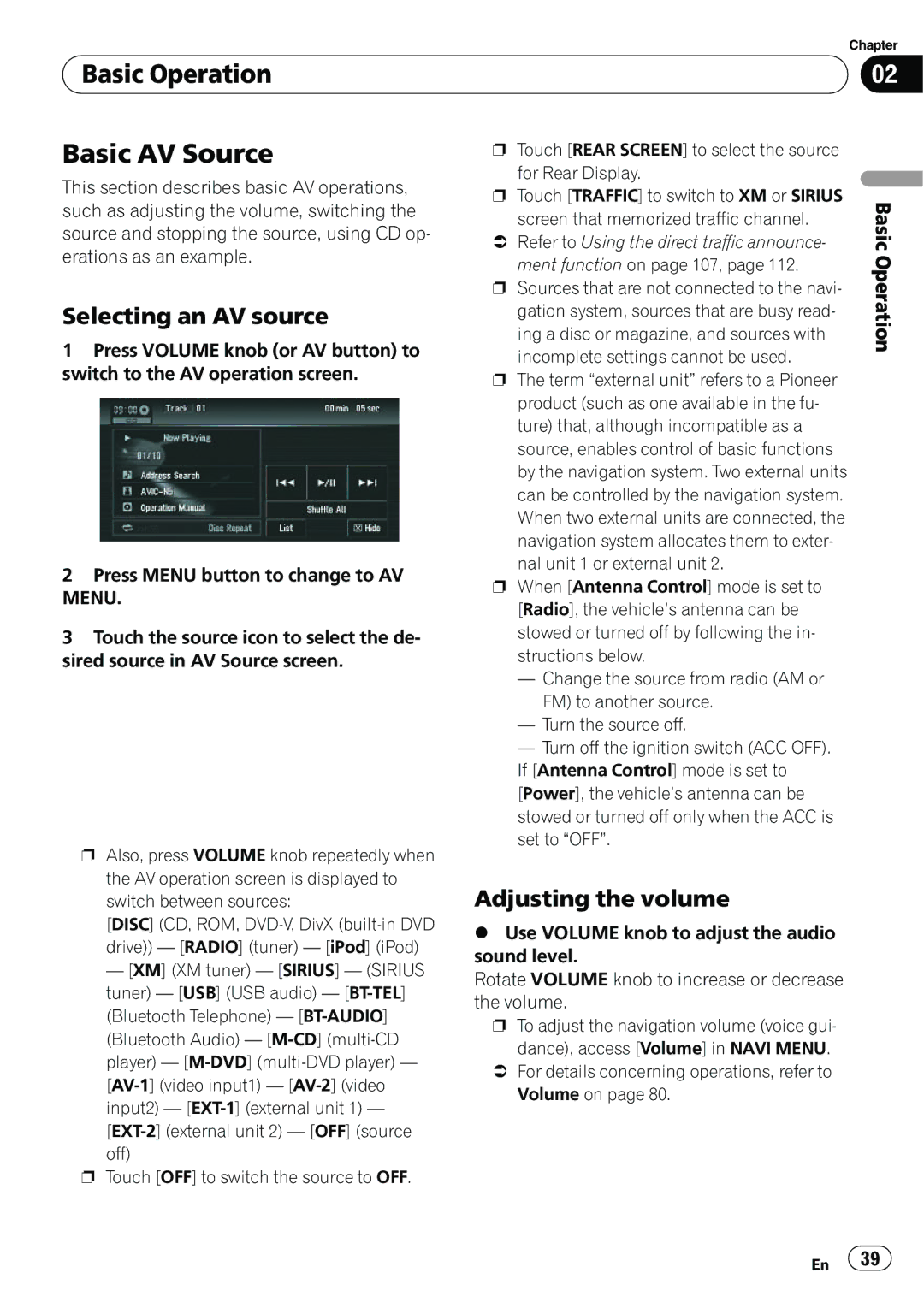 Pioneer AVIC-N5 operation manual Basic Operation Basic AV Source, Selecting an AV source, Adjusting the volume 