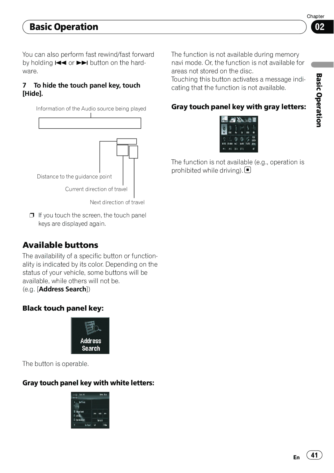 Pioneer AVIC-N5 Available buttons, Gray touch panel key with gray letters, Black touch panel key, Button is operable 