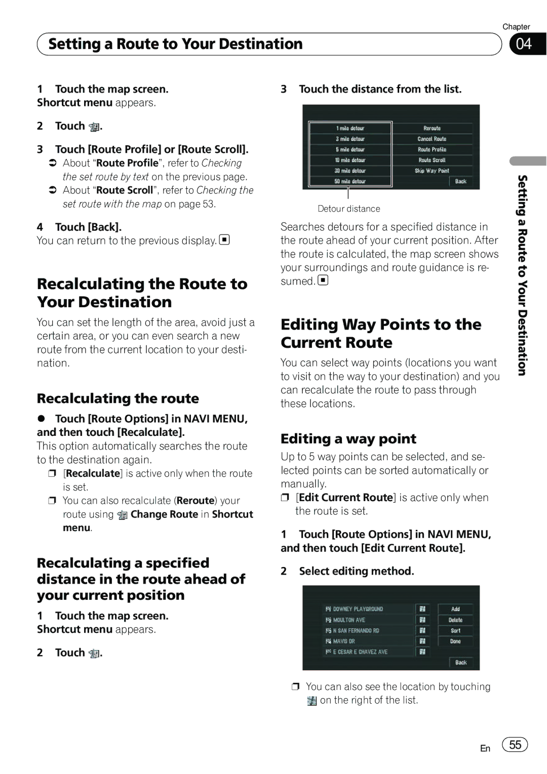 Pioneer AVIC-N5 operation manual Recalculating the Route to Your Destination, Editing Way Points to the Current Route 